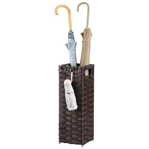Rattan Umbrella Stand, Umbrella Holder for Entryway, Hand Woven Umbrella Rack Organizer Freestanding, with a Detachable Drip Tray, 4 Hooks, 6.5" L x 6.5" W x 16.5" H, Brown - color: Brown, size: S(6.5" L x 6.5" W)