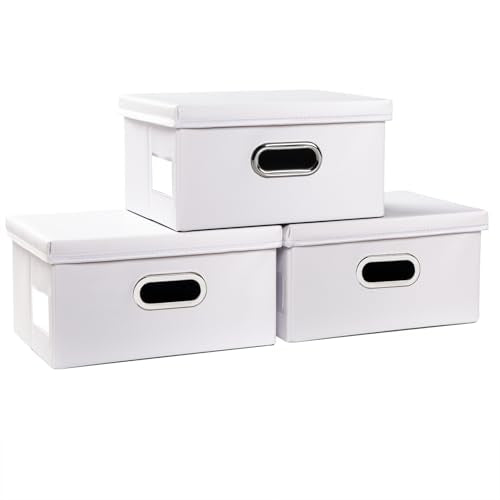 PRANDOM Collapsible Storage Box with Lid [3-Pack] Leather Fabric Foldable Storage Bin Organizer Container Basket Cube with Cover for Home Bedroom Closet Office Nursery White(13.6x9.6x6.9) - color: White, size: Small(3-Pack)