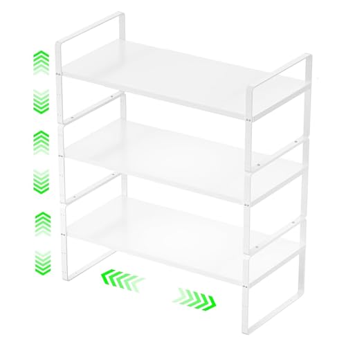 ‎Expandable Kitchen Cabinet Storage Shelf, Stackable Metal Pantry Storage Shelves Organizer, Adjustable Height Counter Spice Rack for Kitchen Cabinet (White - 16.5"-27" L x 10.2" W x 9.6" H - 3Pack) - color: White-3pack, size: Large - L16.5-27'' * W10.2''
