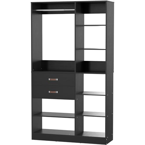 Armocity Freestanding Closet System, 40 Inches Stand-Alone Wardrobe with 10 Shelves, 80'' Height Adjustable Cloth Garment Rack with 2 Wood Drawers, Wood Walk-in Closet with Hanging Rod, Black - color: Black