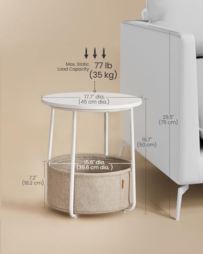 VASAGLE LILEA Collection - Small Round Side End Table, Modern Nightstand with Fabric Basket, Matte White and Camel Brown ULET223W10 - color: Matte White + Camel Brown, size: Round + 1 pack