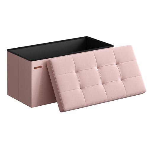 SONGMICS Mazie Collection - 30 Inches Folding Storage Ottoman Bench, Ottoman Foot Rest, End of Bed Bench, Storage Chest, Load 660 lb, for Living Room, Bedroom, Entryway, Jelly Pink ULSF047R11 - color: Jelly Pink, size: 15"D x 30"W x 15"H
