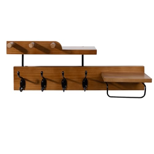 Coat Rack Wall Mount with Shelf, 4 in 1 Wood Coat Hooks with Key and Mail Holder, 17 Inch Entryway Hanging Shelf with Sunglasses Holder and 4 Metal Hooks for Clothes Hats Bag, Brown - color: Brown