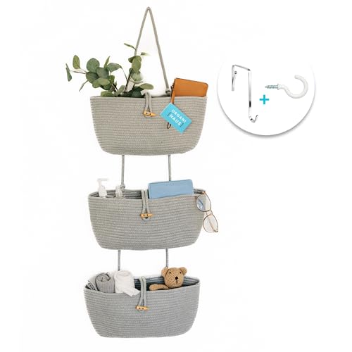 OrganiHaus Grey Wall Hanging Storage Basket | Behind Door Storage | Wall Storage Baskets Over Door | 3 Tier Hanging Basket | Woven Baskets Bathroom Organizer | Wall Hanging Baskets for Organizing - color: Full Light Gray