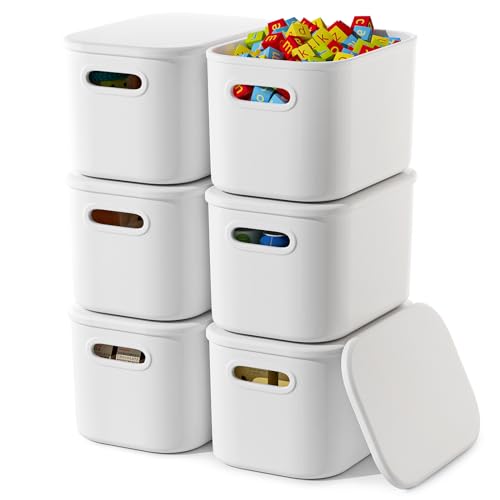 6 Pack White Storage Bins with Lids Stackable Storage Container for Organizing, Small Storage Boxes with Handle for Shelves, Cute Organizer Bins for Craft, Snacks, 9.85x6.9x5.7 inch - color: White, size: 6 Pack