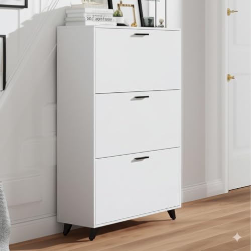 Anystyle White Shoe Storage Cabinet for Large Shoes, 3-Tier Adjustable Flip-Door Organizer, Space-Saving Wooden Cabinet for Entryway, Closet, Living Room, 31.5" W x 49.2" H - color: White