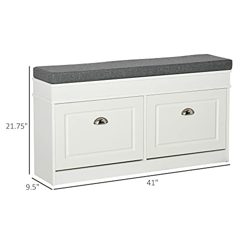 HOMCOM Modern Shoe Rack Bench for Entryway, Storage Organizer with Cushion, 2 Drawers, Adjustable Shelf, Holds 8 Pairs, White - color: White