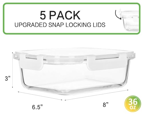[5-Packs, 36 Oz.] Glass Meal Prep Containers with Locking Lids Glass Food Containers,Airtight Lunch Container,Microwave, Oven, Freezer and Dishwasher (4.5 Cup, White) - color: White