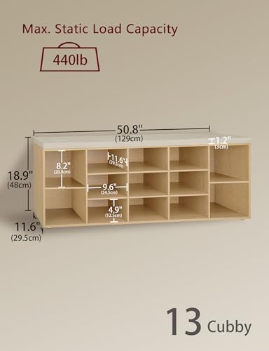 DINZI LVJ Shoe Storage Bench with Cushion, 13-Cubby Shoe Rack, Adjustable Shelves, Multifunctional Shoe Organizer Bench for Entryway, Mudroom, Hallway, Living Room, Bedroom and Garage, Natural - color: Natural, size: 13 Cubby