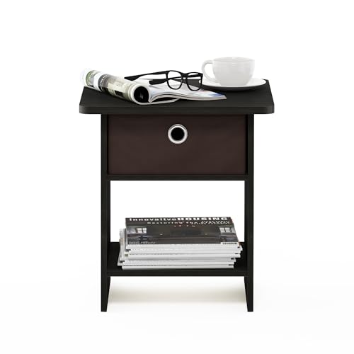 Furinno DARIO Side Table, Square End Table with Storage Bin, Round Corner Night Stand, Bedside Table with Open Back Shelf, for Living Room, Bedroom, Espresso - color: Espresso/Brown, size: 1-Pack, Upper Bin