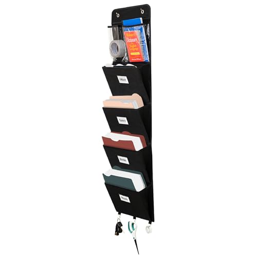Wall File Organizer For Over the Door Hanger Document Rack with 5 File Pockets | Multipurpose Sorter for Papers & Magazines | Heavy-Duty Wall File Folders for Office Classroom & Home Organization