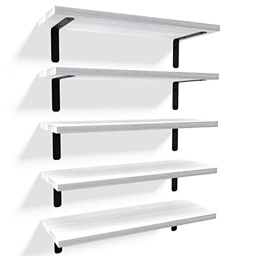 RICHER HOUSE Floating Wall Shelves, Rustic Wood Bathroom Shelves Set of 5, Farmhouse Style Shelf for Décor, Hanging Bedroom, Storage, Kitchen, Living Room - White - color: White, size: 5 Pcs:16.52in