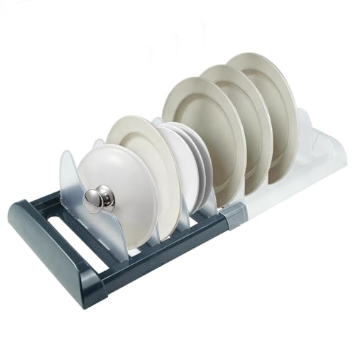 Expandable Pot and Pan Organizer Rack for Cabinet, Adjustable 35-58cm Kitchen Cabinet Organizer with 8 ABS Dividers for Lids, Cutting Boards, Bakeware, Dark Gray - color: Deep Gray + Translucent