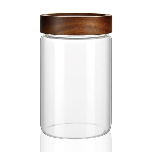 28 fl oz/850 ml Clear Glass Storage Canister with Airtight Wooden Screw Lid, Medium Cute Decorative Glass Container Jar for Coffee,Candy,Salt,Cookie,Condiment,Pepper,Sugar,Overnight Oatmeal