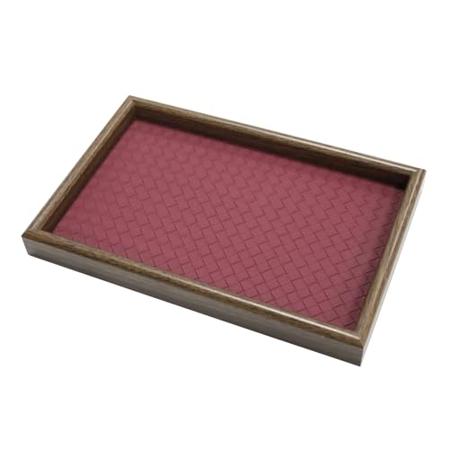 Wooden Valet Tray with Leather Base, EDC Catch All Tray Nightstand Entryway Table Vanity Organizer 11.8x7.9, Red - color: Red