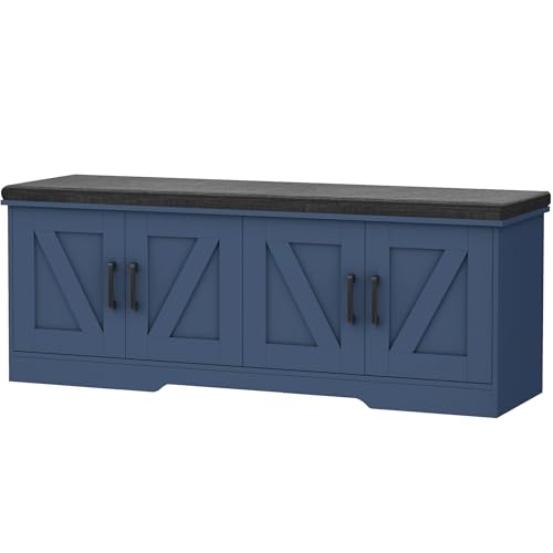HOMSHO 2-Tier Storage Bench, 47.2" Wide Shoe Bench with Padded Seat Cushion, Entryway Bench with 4 Barn Doors and Adjustable Shelf, Blue - color: Blue, size: 47.2" Wide