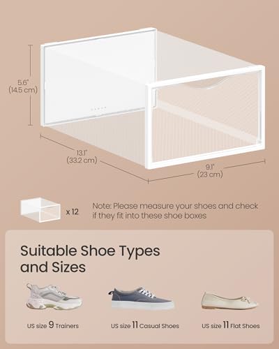 SONGMICS Shoe Boxes, Shoe Storage Organizers Rack for Closet, Plastic Stackable Sneaker Containers Case, 12 Pack, Transparent and Cloud White ULSP312W01 - color: Transparent + Cloud White, size: 12 Count Fit Size 11
