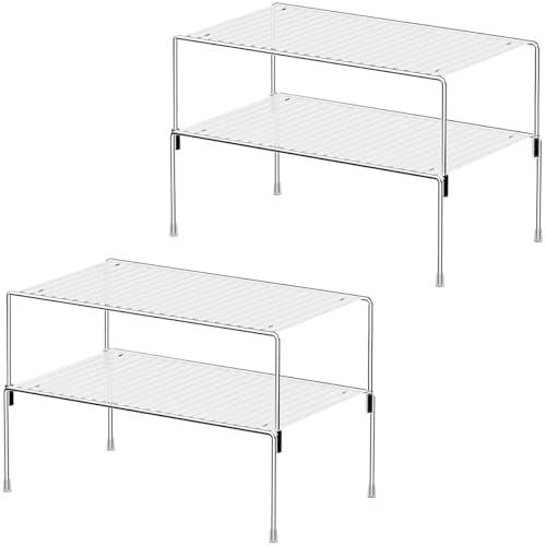 Set of 4 Kitchen Cabinet Organizer Shelves, Stackable Organizer and Storage for Cabinet Cupboard, Expandable Shelf Risers Plate Rack with Anti-Slip Plastic Liner - color: Stackable, size: 2 sets