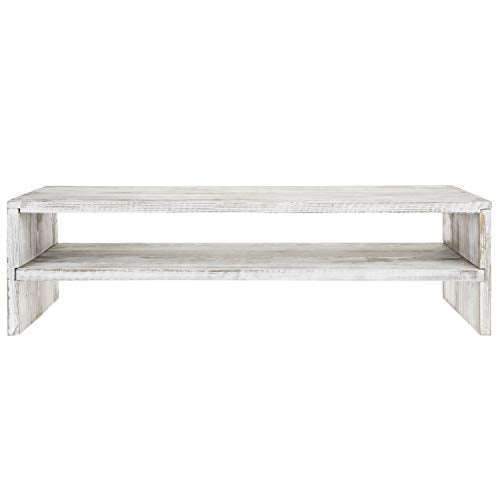 MyGift Shabby Whitewashed Wood Computer Monitor and Laptop Riser Stand for Desk, 2 Tier Office Desktop Storage Shelf