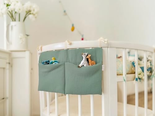 Cotton Baby Bedside Hanging Storage Bag,2 Pockets Organizer for Baby Cribs and Toys (Green) - color: Green
