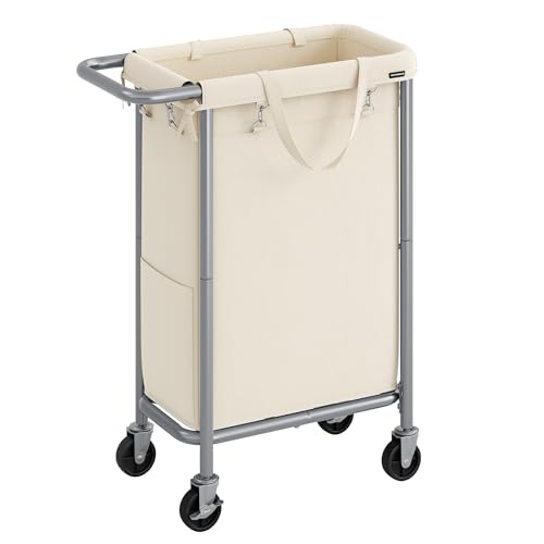 SONGMICS Laundry Basket with Wheels, Rolling Laundry Hamper, 23.8 Gallons (90 L), Removable Liner, Steel Frame with Handle, 24 x 11.4 x 31.9 Inches, Cream White URLS003W01 - color: Cream White, size: 90 L (1-Section), style: Rectangular with handle