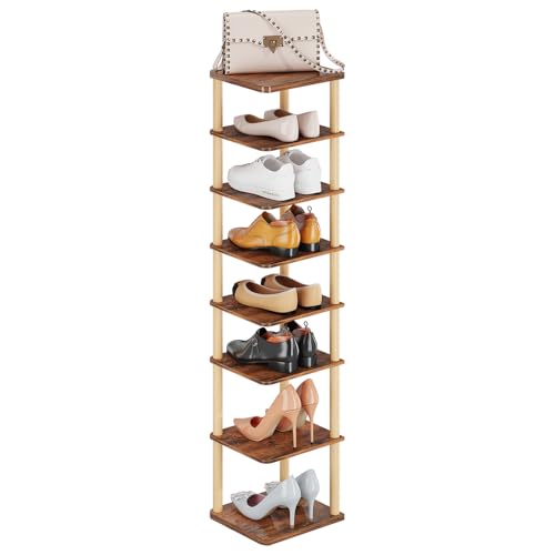LUCKNOCK Vertical Shoe Rack, 8-Tier Tall Narrow Shoe Organizer for Entryway, Closet, Dorm & Small Spaces, Freestanding Wooden Shoe Shelf Tower for Boots, Sneakers, Heels. (Rustic Brown) - color: Rustic Brown