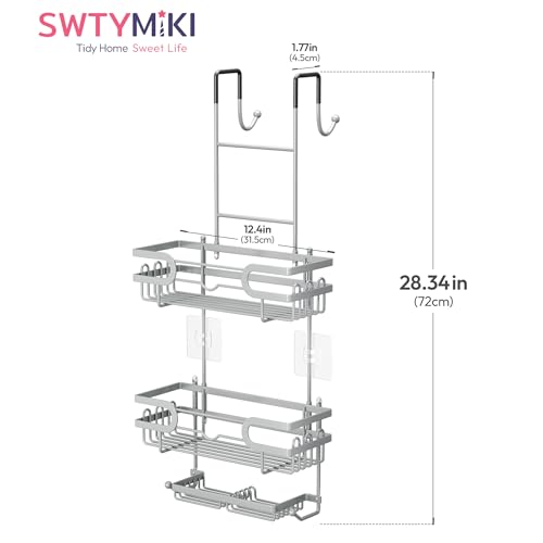 SWTYMIKI Over the Door Shower Caddy Hanging with Double Soap Holder, Hanging Shower Organizer with 16 Hooks, No Drilling Shower Shelves Over Door, Bathroom Rack and Storage, Silver - color: Silver