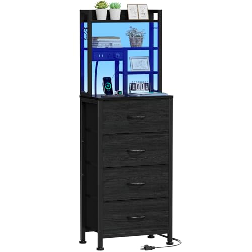 Furnulem Tall Nightstand, LED Night Stand with Charging Station and USB Ports, 4 Fabric Drawers and 4 Tier Storage Shelf, Nightstands Bedside Tables for Bedroom, Dorm, Office (Black Oak) - color: Black Oak, size: 4 Drawer