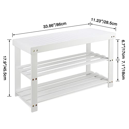 SMIBUY Bamboo Shoe Rack Bench, 3-Tier Shoe Organizer Storage Shelf for Entryway Hallway Bathroom Living Room (White) - color: White