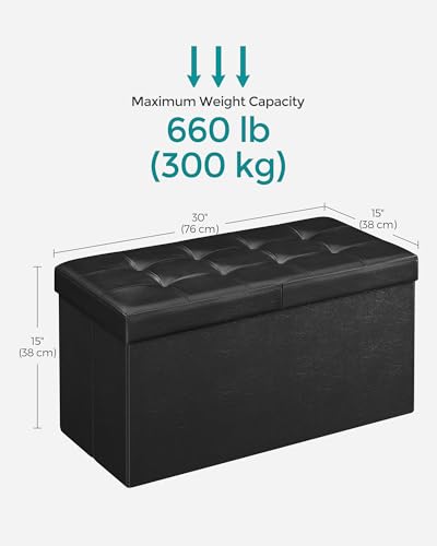 SONGMICS MAZIE Collection - 30 Inches Storage Ottoman Bench with Flipping Lid, Storage Chest Footstool, Load 660 lb, for Entryway, Living Room, Bedroom, Synthetic Leather, Black ULSF45BK - color: Black, size: 15"D x 30"W x 15"H