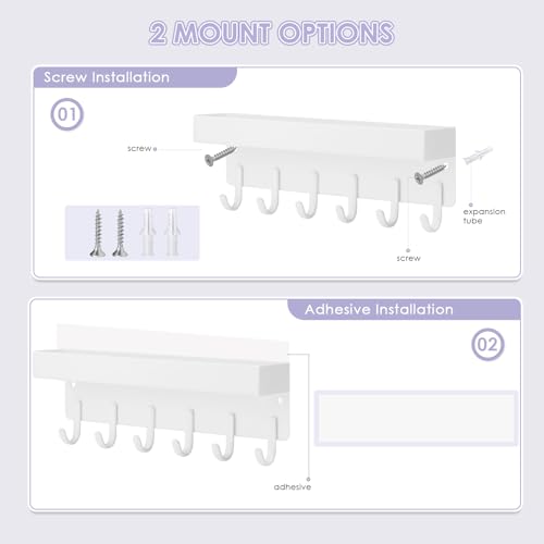 VIS'V Key Holder Wall Mount, Compact Adhesive Key Rack with Tray, 6 Hooks, 2 Mount Options, White - color: White