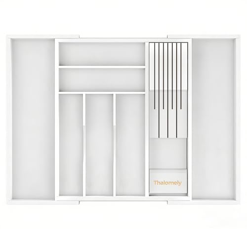 Bamboo Kitchen Drawer Organizer, Expandable Silverware Organizer with Removable Knife Block, 6-8 Slots- Utensil Holder & Cutlery Tray Drawer Dividers, 2.36" Deep for Extra Capacity, White - color: White