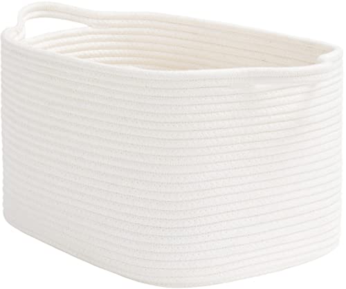 Goodpick White Woven Rope Basket with Handles, Medium Rectangle Basket for Books, Toys, Towels, Square Decorative Baskets for Living Room, Nursery, Shelf Baskets for Bedroom, 13" x 10" x 9" - color: White, size: 13"L x 10"W x 9"H