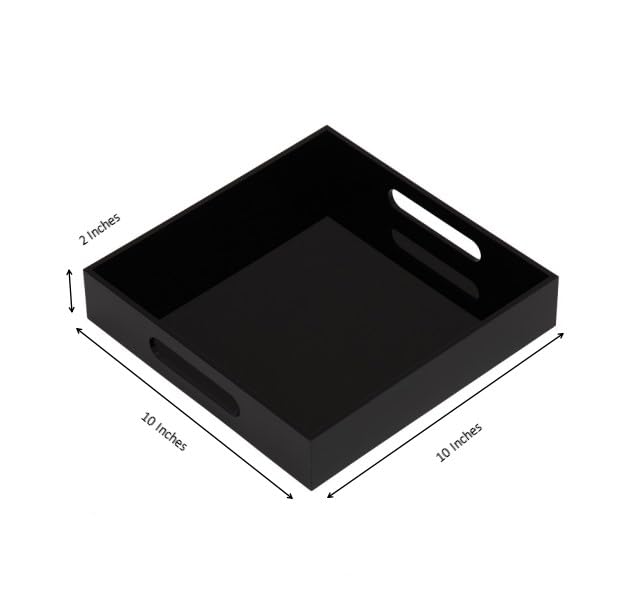 KEVLANG Glossy Black Sturdy Acrylic Serving Tray with Handles-10x10Inch-Serving Coffee,Food,Breakfast,Butler-Kitchen Countertop Tray-Makeup Drawer Organizer-Vanity Table,Ottoman Tray-Decorative Tray - color: Glossy Black, size: 10" x 10" x 2"