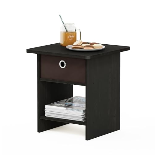 Furinno DARIO Side Table, Square End Table with Storage Bin, Round Corner Night Stand, Bedside Table with Open Back Shelf, for Living Room, Bedroom, Espresso - color: Espresso/Brown, size: 1-Pack, Upper Bin