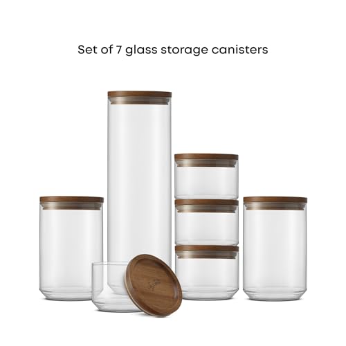JoyJolt Holden 7-Piece Stackable Glass Storage Containers with Lids, Airtight Food Canister Set with Acacia Wood Lids, Round Stacking Pantry and Kitchen Containers for Pasta, Flour, Sugar, Coffee