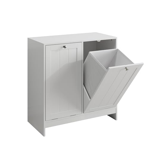 Haotian Tilt Out Trash Can Cabinet, Hidden Trash Can Cabinet with 2 Removable Bags, Double Laundry Hamper Cabinet, Narrow Storage Organizer for Kitchen, Bathroom, and Bedroom White DJ BZR001