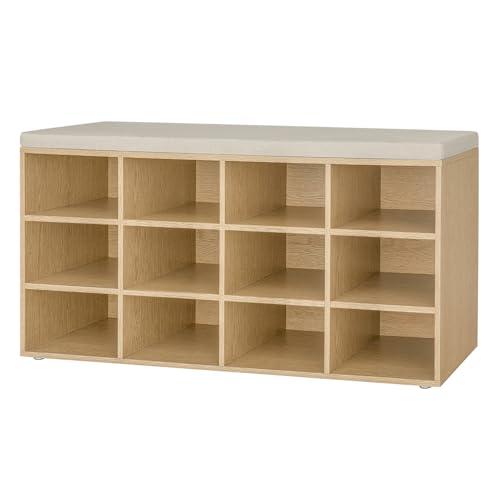 DINZI LVJ Shoe Storage Bench with Cushion, 12-Cubby Shoe Rack, Adjustable Shelves, 40.9" Long Shoe Organizer Bench for Entryway, Mudroom, Hallway, Garage, Natural and Cappuccino Beige - color: Natural, size: 12 Cubby
