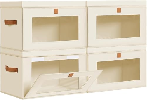 DIMJ Storage Bins with Lids - 4 Pack Large Fabric Closet Organizer with Window & Handles, Collapsible Decorative Storage Boxes for Shelves Under Bed, Books Clothes Blankets Sweaters Organization - color: Beige, size: Small-4 Pack