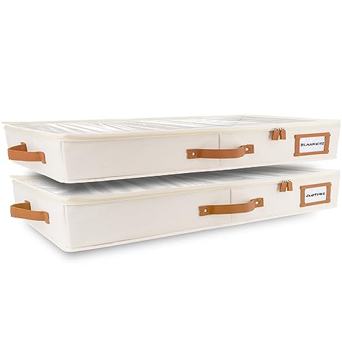 HOMELUX THEORY 2pc Low Profile Under Bed Storage Containers, Thin Under Couch Storage Organizer with Bins & Lids, Underbed Storage Box Ideal for Seasonal Clothes, Blankets, Fabric & Shoes (Ivory) - color: 1. Ivory, size: Large Low Profile (2pc)