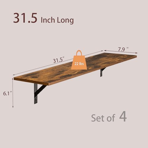 DINZI LVJ Long Wall Shelves, Set of 4, 31.5Inch Wall Mounted Shelves, Extra Large Wall Storage Ledges with Sturdy Metal Brackets for Living Room, Bathroom, Bedroom, Kitchen, Rustic Brown - color: Rustic Brown, size: 31.5 Inch (4 Pack)