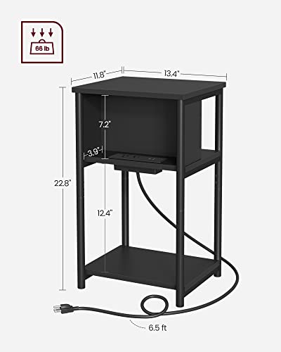VASAGLE Side Table with Charging Station, 3-Tier End Table with USB Ports and Outlets, Nightstand for Living Room, Bedroom, 11.8 x 13.4 x 22.8 Inches, Plug-in Series, Black - color: Black