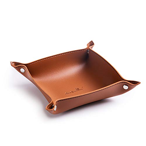 SANQIANWAN PU Leather Jewelry Valet Tray for Women and Men, Portable Entryway Table and Bedside Nightstand Desk Catchall Travel Dish Plate for Key, Wallet, Watch, Coin (Brown-B) - color: Brown-b, size: 7" x 7" x 1.7"