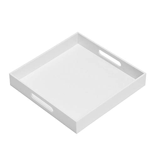 KEVLANG Glossy White Sturdy Acrylic Serving Tray with Handles-14x14Inch-Serving Coffee,Appetizer,Breakfast,Butler-Kitchen Countertop Tray-Makeup Drawer Organizer-Vanity Table-Ottoman Tray - color: Glossy White, size: 14" x 14" x 2"
