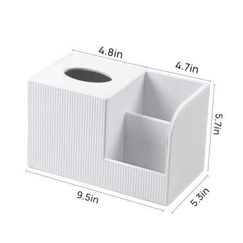 Square Tissue Box Cover with 2 Compartments Storage Organizer, PU Leather Tissue Box Holder with Remote Control Holder for Livingroom Nightstand, Multifunctional Cube Tissue Holder (White) - color: White