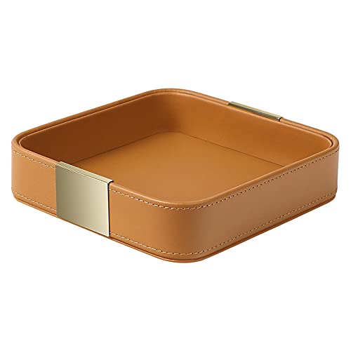 SANZIE Luxury Leather Desktop Storage Small Catchall Organizer Decorative Tray for Entryway Table to Hold Jewelry Watch Cosmetics Keys Phone Wallet, Home & Office Accessories (Metal Gilded, Orange) - color: Orange (Metal Glided), size: 7.5" x 7.2" x 2"