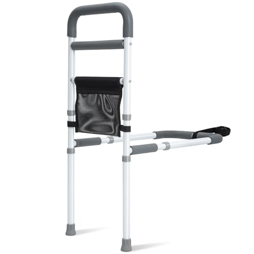 Bed Rails for Elderly Adults Safety - Adjustable Bed Assist Rail for Seniors Fall Prevention with Support Leg, Bedside Grab Bar Cane with Storage Pocket, Fits King, Queen, Full, Twin Bed