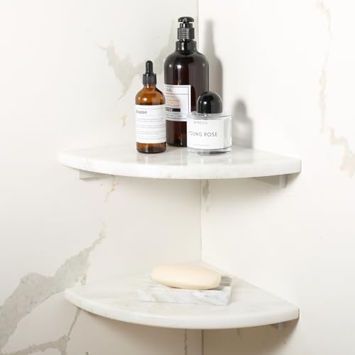 Koville 2 Pcs White Marble Corner Shower Shelves for Bathroom, 10'' Polished Marble Corner Shelves, Wall Mounted Stone Corner Shower Caddy, No Drilling Adhesive Shower Shelf - Namib Fantasy - color: Namib Fantasy White, size: 2-Layer