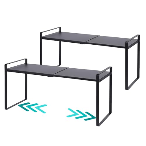 2 Pack Expandable Cabinet Shelf Organizer Riser for Kitchen Pantry Cupboard Under Sink Countertop (2 pack 8.2’’D * 12.2-21.6’’W * 10.4’’H) (Black) - color: Black, size: 8.2''D * 12.2-21.6''W * 10.4''H(2 Pack)