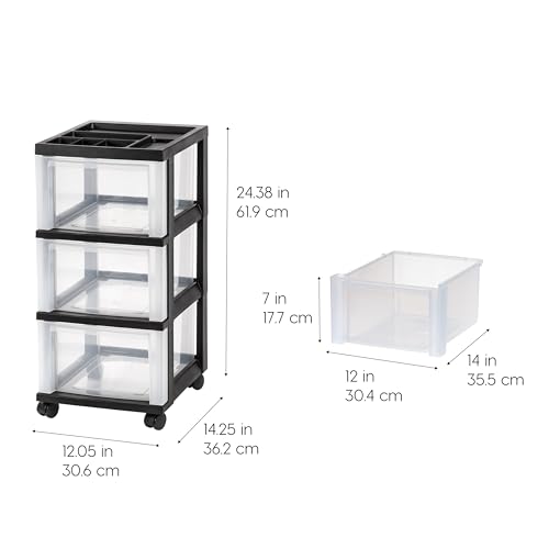 IRIS USA Plastic Drawer Storage Organizer Rolling Cart, with Wheels Casters, 3-Drawers, for Classroom Art Craft Supplies Dresser Closet Bathroom Laundry Room, Black/Clear - color: Black, size: 3 Drawer
